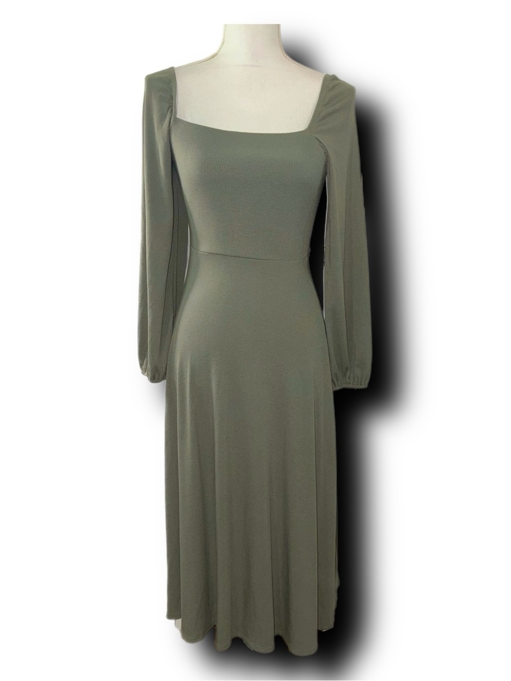 Carly Jean Mari Ribbed Midi Dress in Olive Green Cottagecore Vibes